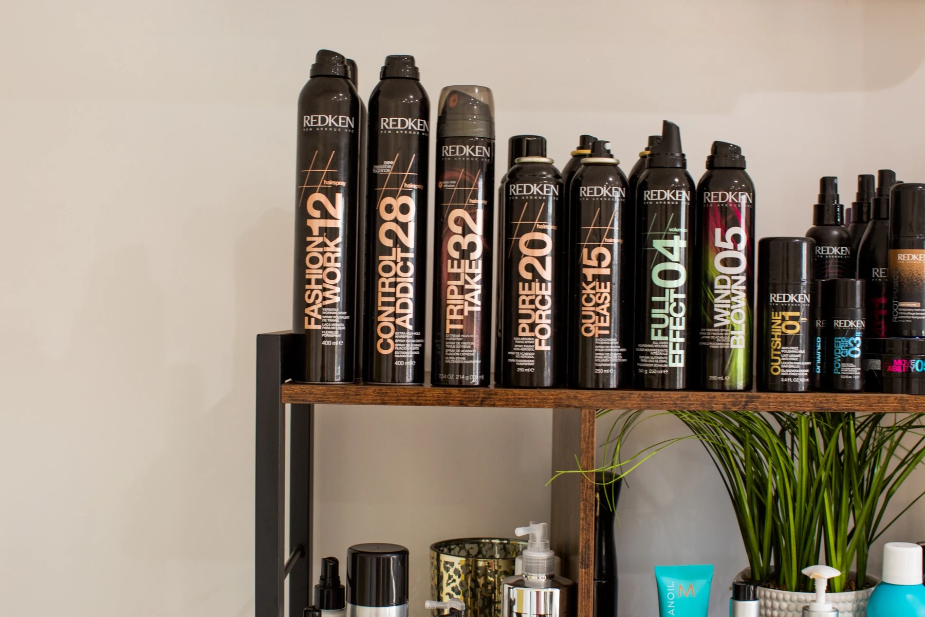 Professional hair products displayed at the salon