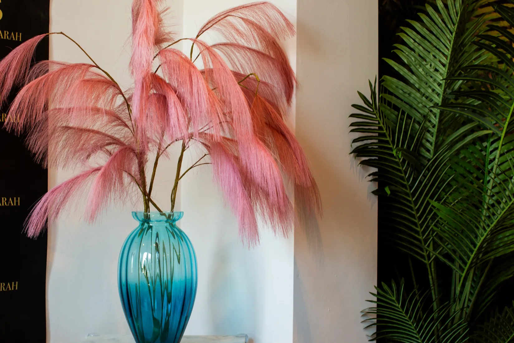 Pink decorative flowers in the salon
